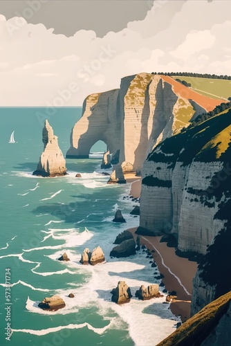 Spectacular natural cliffs Aval of Etretat and beautiful famous coastline, Normandy, France, Europe Generative AI