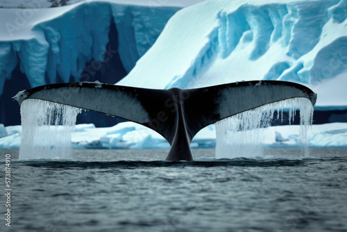 Humpback whale tail in polar sea.
