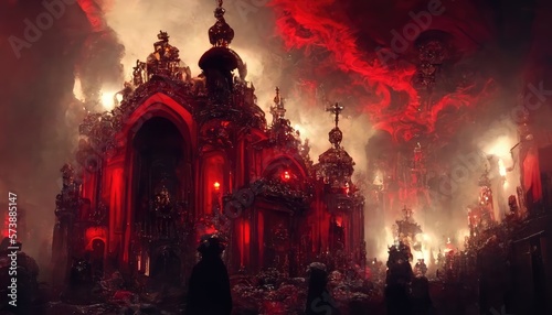 The interior of a cathedral in hell full of demons, Bible illustration. Generative AI