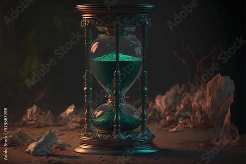 Vintage hourglass with green sand AI