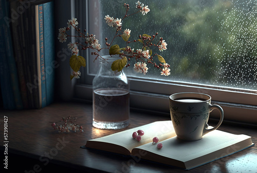 Still life with an open book and cherry blossoms in a vase on a windowsill, rany day, generative ai