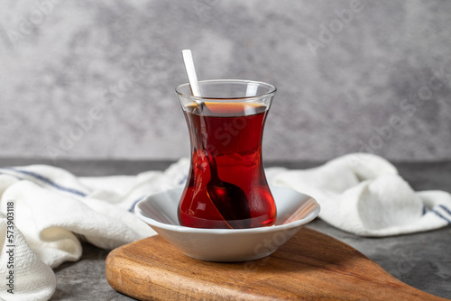 Black tea. Freshly brewed hot traditional Turkish tea in a glass