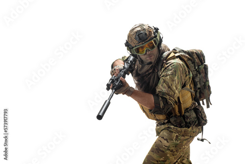 A mercenary soldier with AK-74 in his hand and aiming in enemy.