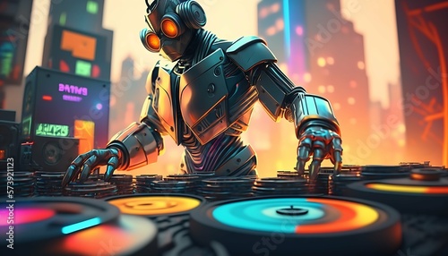 A robot DJ mixing music and urban city in the background with Generative AI Technology.