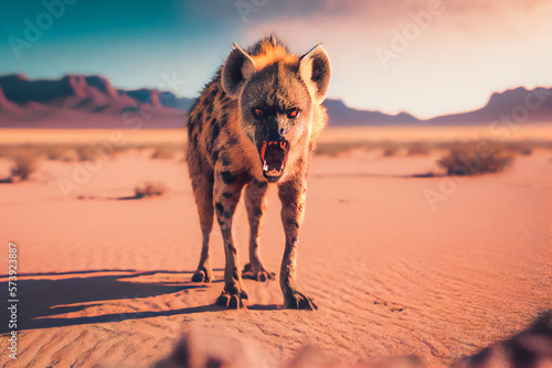 Furious Wild Hyenas in Desert. Generative AI