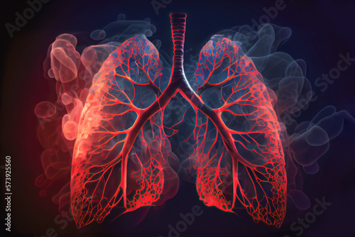 Human lungs are red on a black background. Lung diseases and inflammation, the harm of smoking, the consequences of respiratory diseases, ai