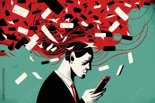 un homme dépendant de son smartphone, à l'esprit embrouillé par trop d'informations. illustration numérique