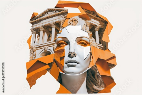 illustration numérique, visage de statue de femme et monument ancien romain, concept artistique