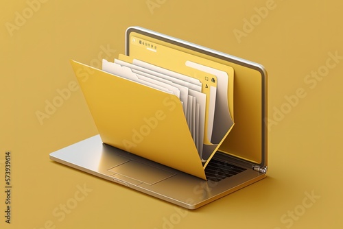 File folder on laptop screen, yellow background. Generative AI