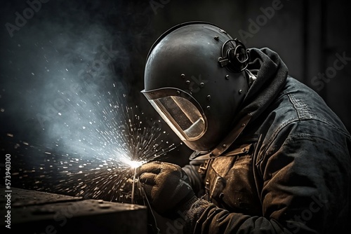 ouvrier qui travaille dans la métallurgie en train de réaliser une soudure dans son atelier - illustration ia