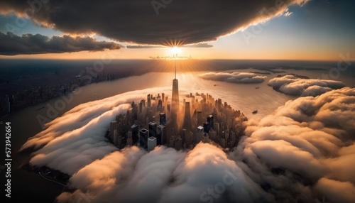 New York City at sunrise, aerial view. Generative ai illustration.