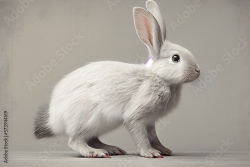 lapin gris debout sur ses pattes arriÃ¨res et qui dit bonjour fond white. Generative AI