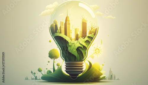ampoule avec ville intelligente à l'intérieur, concept d'Energie verte, smart city concept, écologie concept, réchauffement climatique, AI