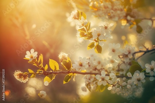  a branch of a tree with white flowers in the sunlight. generative ai