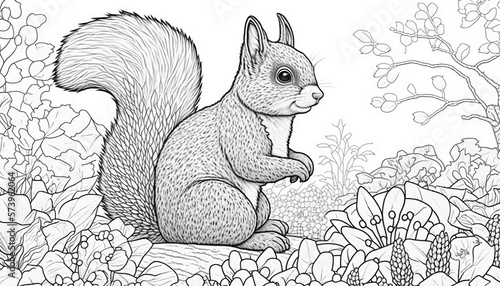 a cute coloring book for children that is still black and white, but waiting for colors and then it will become a wonderful colorful squirrel