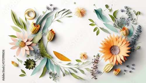  a white background with a bunch of flowers and leaves on it and a ring in the middle of the frame that is surrounded by other flowers. generative ai