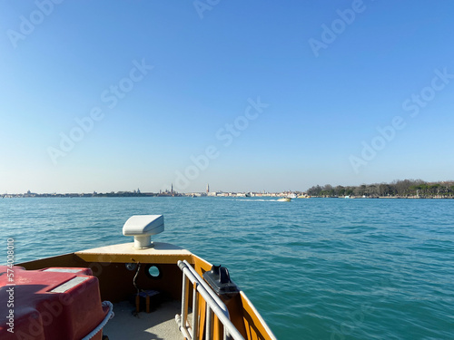 view of Venetian Lagoon from vaporetto in Venice city in February morning