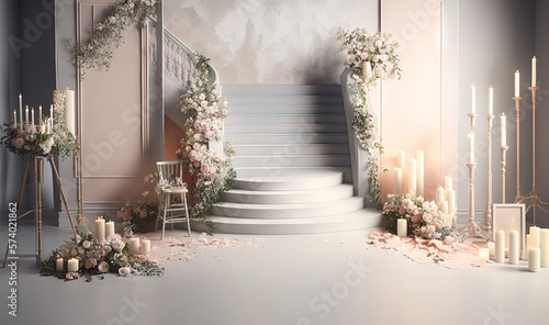 a set of stairs with a bunch of flowers and candles. generative ai