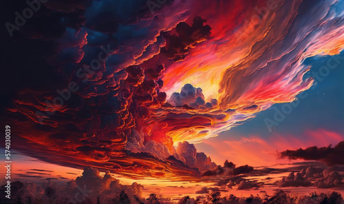  a painting of a colorful sky with clouds in the background. generative ai