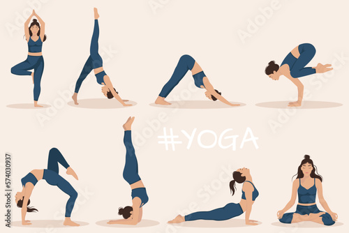 A set of a young woman performing 8 physical exercises and demonstrating yoga asanas on light background. Flat vector illustration.