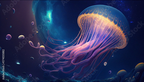 World jellyfish day. Glowing jellyfish on a dark background seascape. International day of the oceans. Ai generated.
