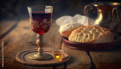 Abendmahl als Symbol für Ostern und die biblischen Geschichten über Jesus und seinen Jüngern. Kirche und Gottesdienst hier mit Wein, Brot und Öl