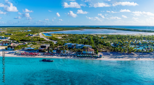 An aerial view over a resort on the island of Grand Turk on a bright sunny morning