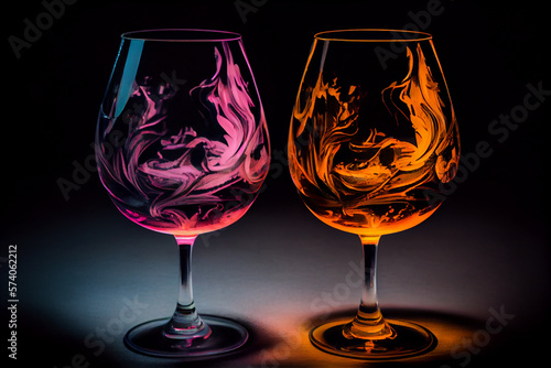 two wine glasses with pink and gold wine sloshing in the glasses, studio picture