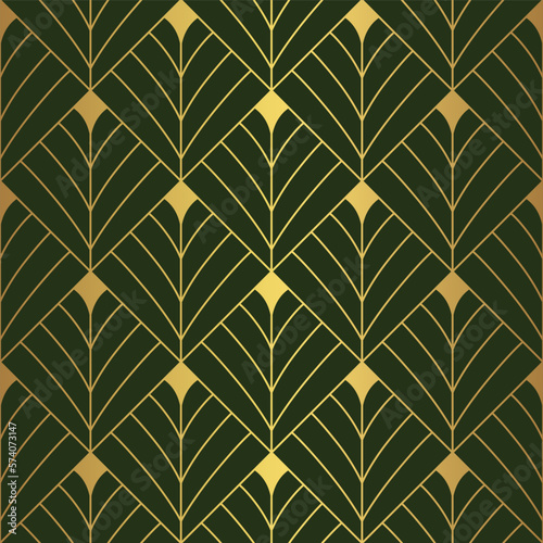 Art Deco diamond fan pattern. Luxury gold and green geometric decor. 