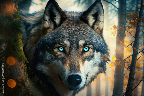 generative ai fantasy illustration of a wolf portrait looking with bright blue eyes