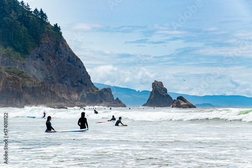 People Surfing Along Short Sands Beach in Oswald West State Park on the Oregon Coast