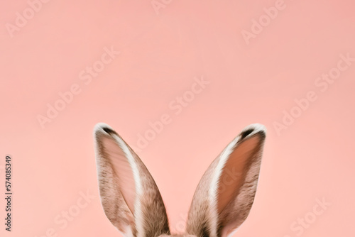 Easter bunny ears, funny rabbit, hare on pink background, card, pastel tones, copy space, generative ai