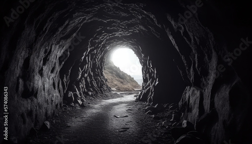 Inside the cave tunnel, light at the end, the cave walk exit