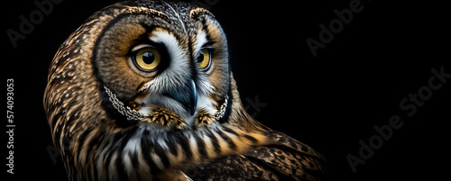 Short eared owl, close up of a owl. Image showing close up of the head and yellow eyes on a short eared owl, black background. Created with generative ai