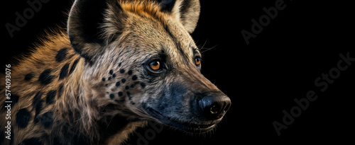 portrait of a hyena head and eyes on black background. Image created with generative ai.