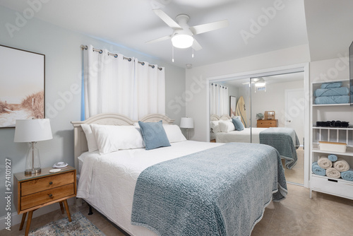 Pale blue bedroom decor in vacation rental, Cape Canaveral, Florida