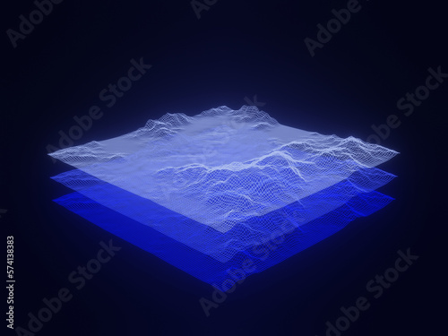 3D topographic mountain grid wireframe. Holographic terrain.