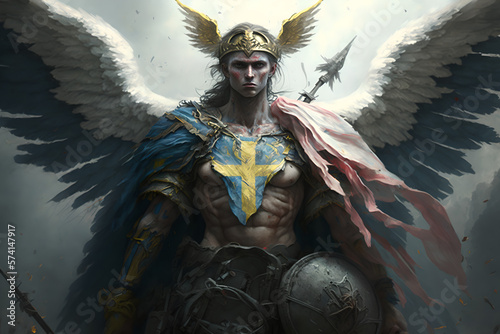 A heroic ukrainian soldier with wings superpowered angel is here to fight for ukraine and kill and destroy the russian invasion, fantasy and hope, portrait