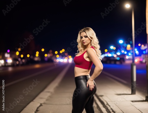 Sexy young woman standing at night street in the city. Generative AI