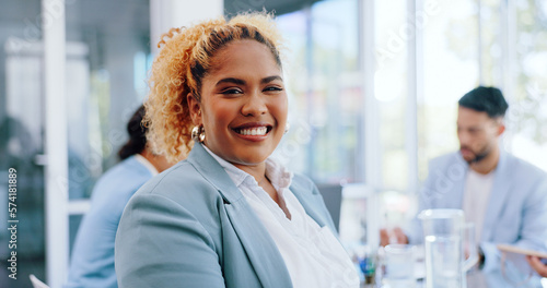 Business woman, portrait or leadership for office meeting, boardroom training or diversity teamwork in collaboration. Smile, happy or corporate manager in global finance company for strategy planning