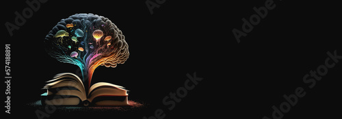 Banner Open book with fantastic levitation glowing brain and colorful splash on dark background, World book day, knowledge and creativity concept Ai Generative