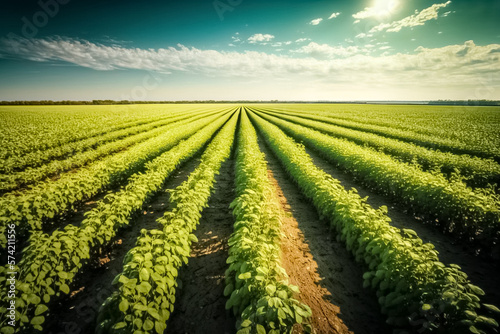 Green ripening soybean field, Soy agriculture, agricultural landscape. Agricultural soy plantation on field with sunset. generative ai