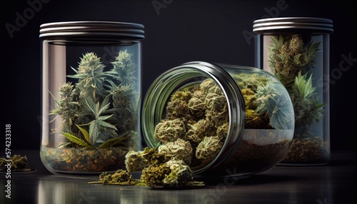 Jars of marijuana for medical use. flower of medical cannabis in a sealed jar, for later sale or transfer to a patient. Generative AI.