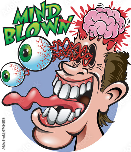 Mind-blowing excited man head exploding eyes popping out vector cartoon illustration 