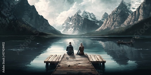 un couple d'amoureux est assis au bout d'un ponton en bois et admire le paysage de lac et de montagnes en arrière-plan - illustration ia