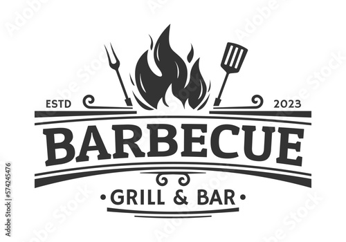 Barbecue logo. BBQ, grill icon, label or badge with fire flame, grill fork and spatula. Meat restaurant, food party, barbeque vintage design element. Vector illustration.
