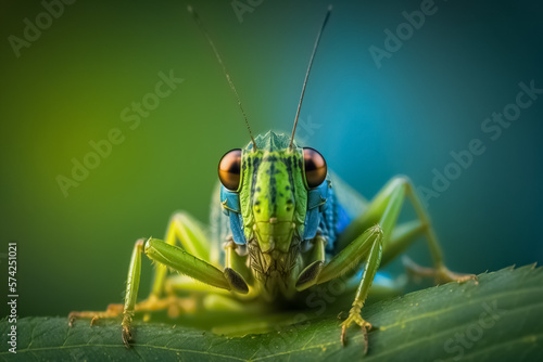 Green grasshopper sitting on tree in the garden. In-focus shot of a grasshopper perched on a green leaf. Meadow Grasshopper. generative ai