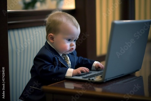 bébé en costume en train de travailler sur son ordinateur installé à son bureau - illustration ia