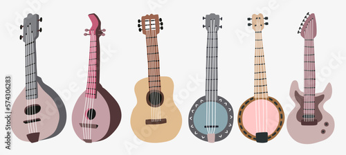 Guitar set. Acoustic guitar, electric guitar banjo and mandolin on white background. String musical instruments. Cute flat cartoon style. Vector illustration