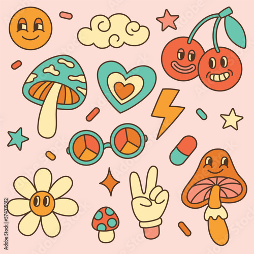 Retro 70s psychedelic vector set. Cartoon funky groovy hippie elements: mushrooms, flower, cherries, sunglasses
